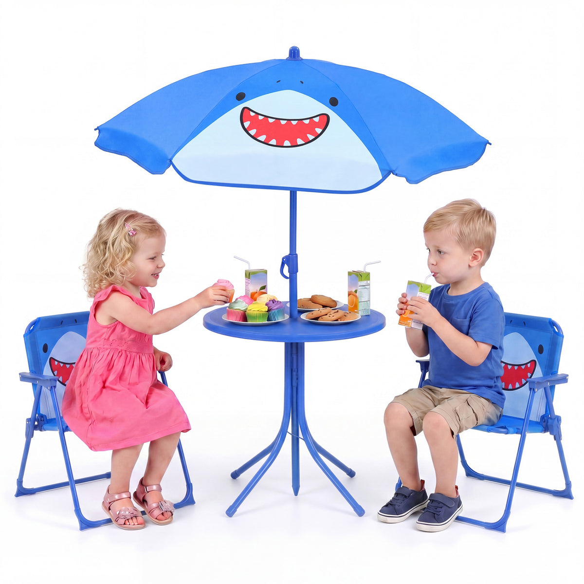 Kids Outdoor Table and Chair Set with 2 Folding Chairs and Height Adjustable Umbrella-Blue