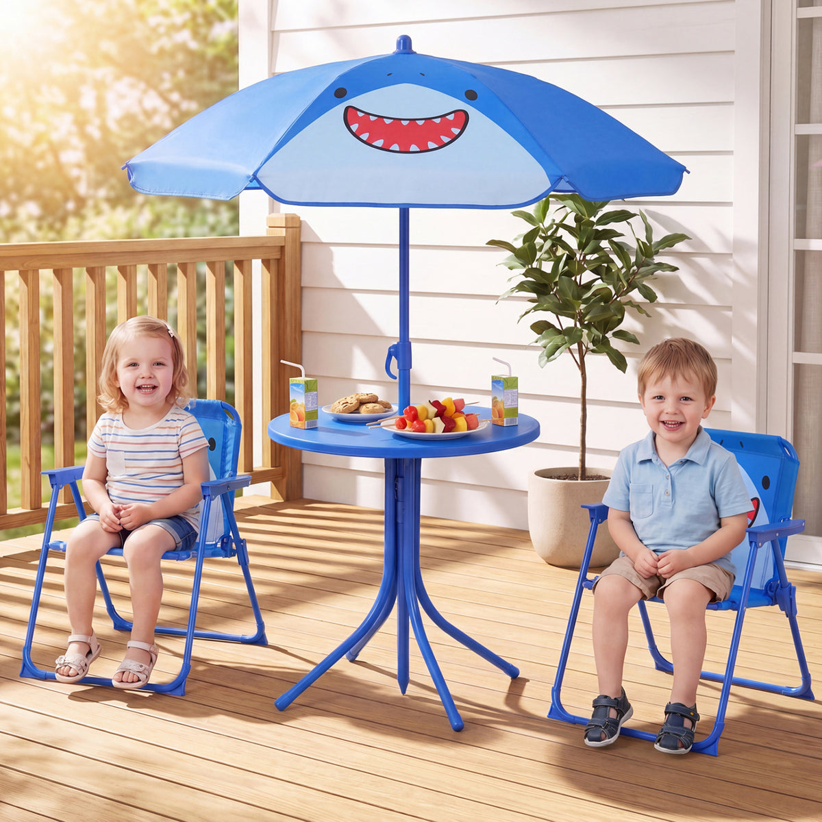 Kids Outdoor Table and Chair Set with 2 Folding Chairs and Height Adjustable Umbrella-Blue