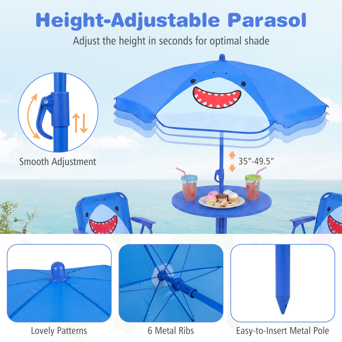 Kids Outdoor Table and Chair Set with 2 Folding Chairs and Height Adjustable Umbrella-Blue