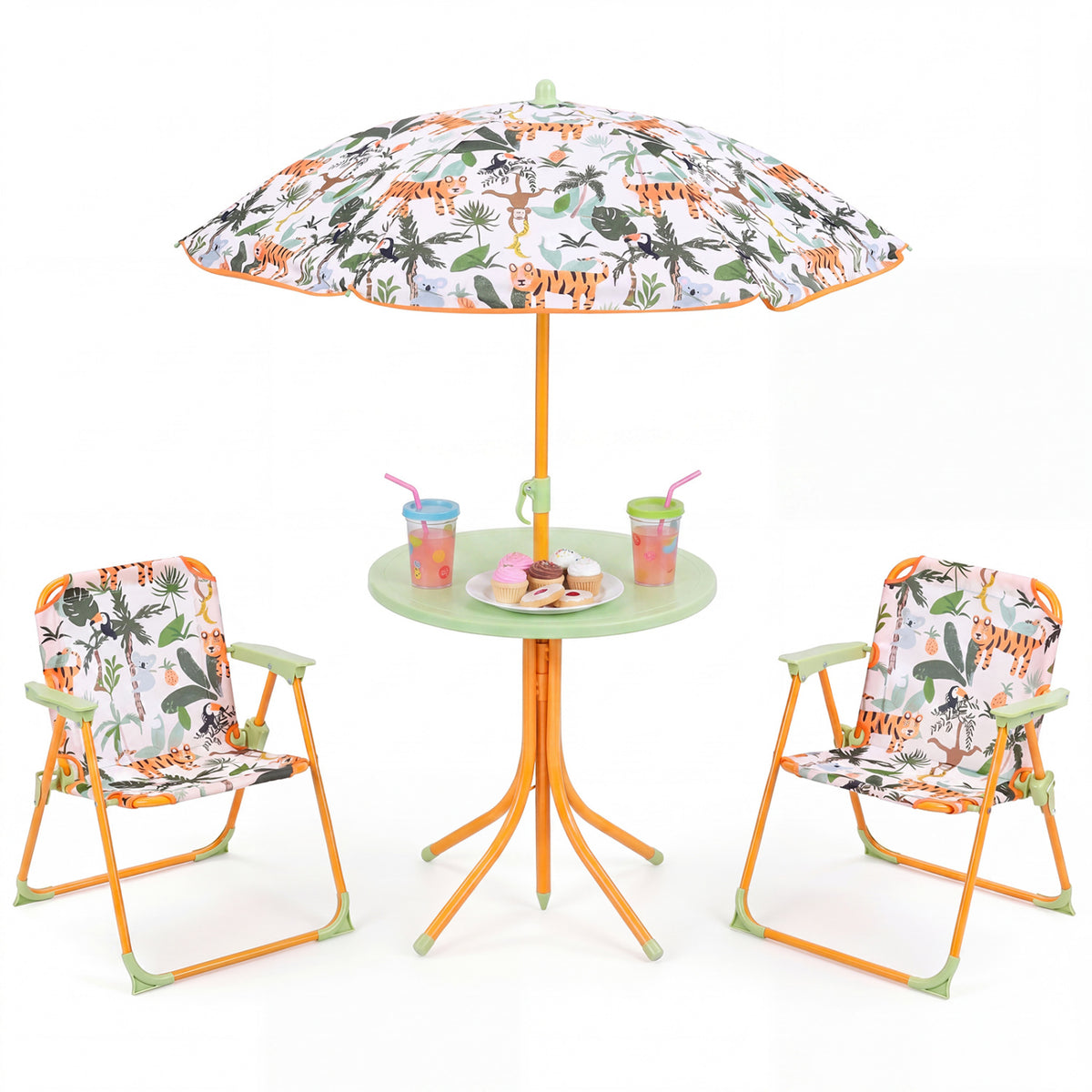 Kids Outdoor Table and Chair Set with 2 Folding Chairs and Height Adjustable Umbrella-Yellow