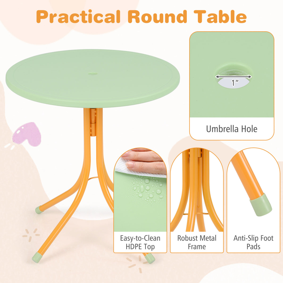 Kids Outdoor Table and Chair Set with 2 Folding Chairs and Height Adjustable Umbrella-Yellow