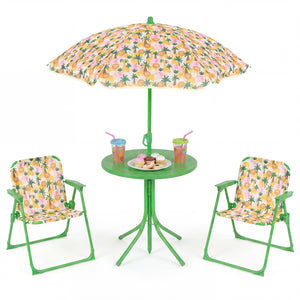 Kids Outdoor Table and Chair Set with 2 Folding Chairs and Height Adjustable Umbrella-Beige