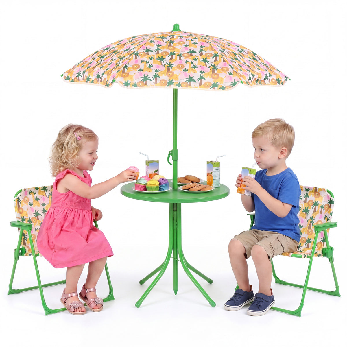 Kids Outdoor Table and Chair Set with 2 Folding Chairs and Height Adjustable Umbrella-Beige