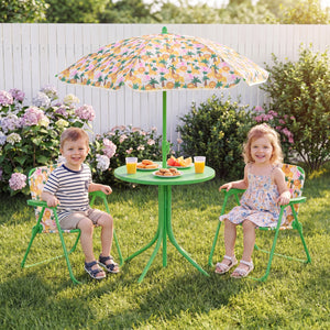 Kids Outdoor Table and Chair Set with 2 Folding Chairs and Height Adjustable Umbrella-Beige