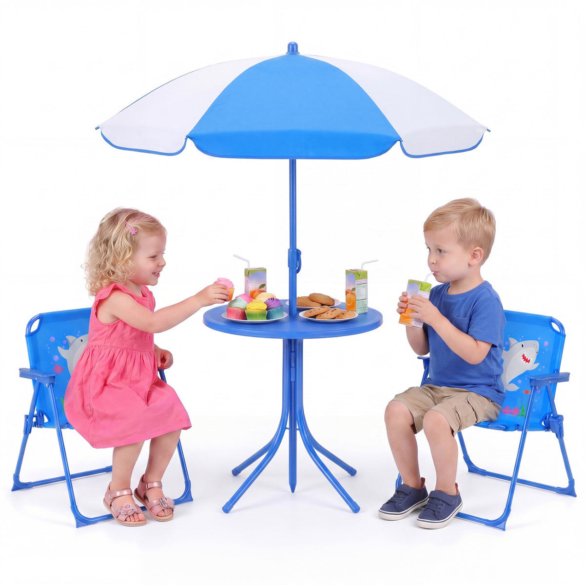 Kids Outdoor Table and Chair Set with 2 Folding Chairs and Height Adjustable Umbrella-Navy