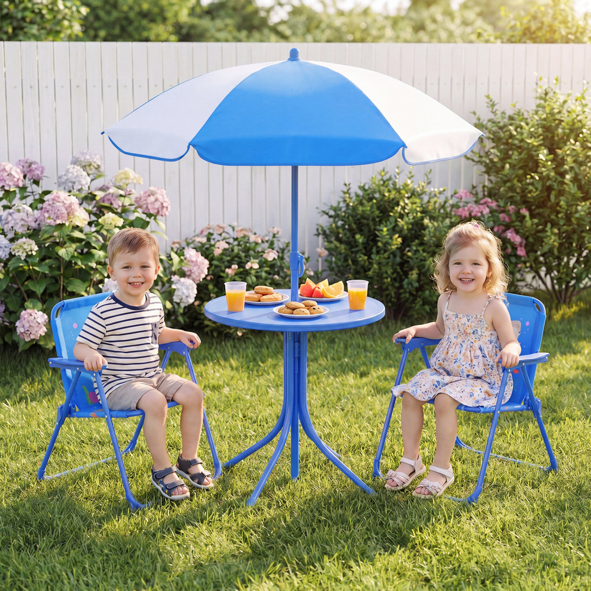 Kids Outdoor Table and Chair Set with 2 Folding Chairs and Height Adjustable Umbrella-Navy
