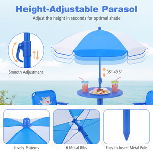Kids Outdoor Table and Chair Set with 2 Folding Chairs and Height Adjustable Umbrella-Navy