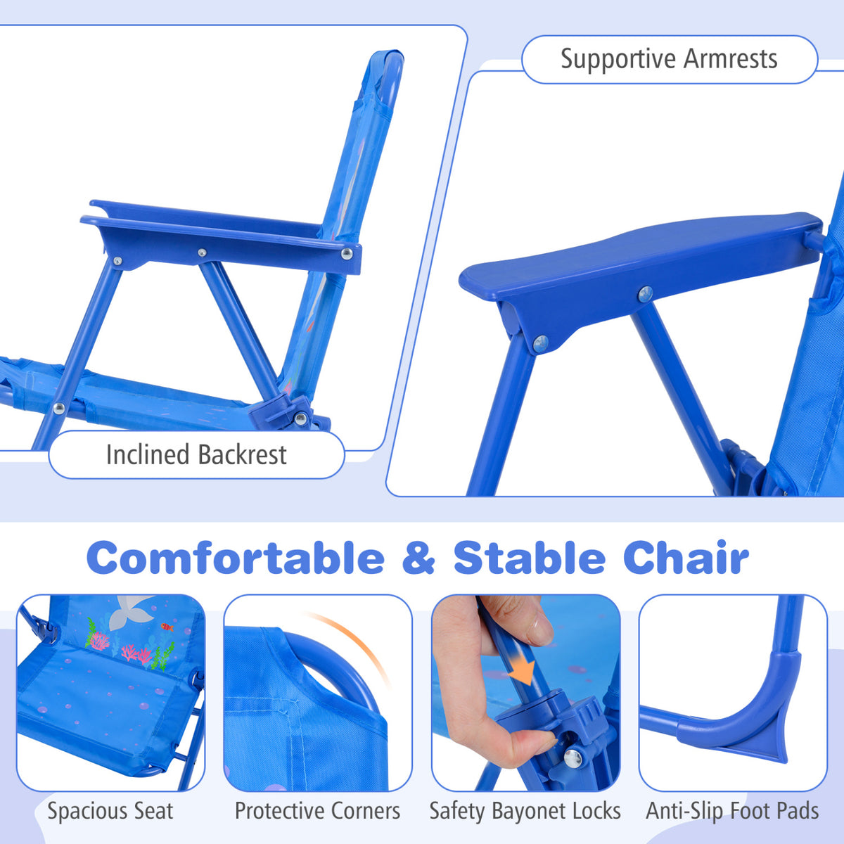 Kids Outdoor Table and Chair Set with 2 Folding Chairs and Height Adjustable Umbrella-Navy