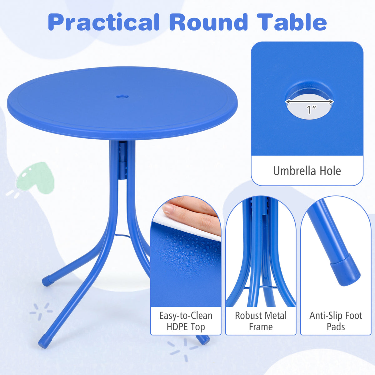 Kids Outdoor Table and Chair Set with 2 Folding Chairs and Height Adjustable Umbrella-Navy