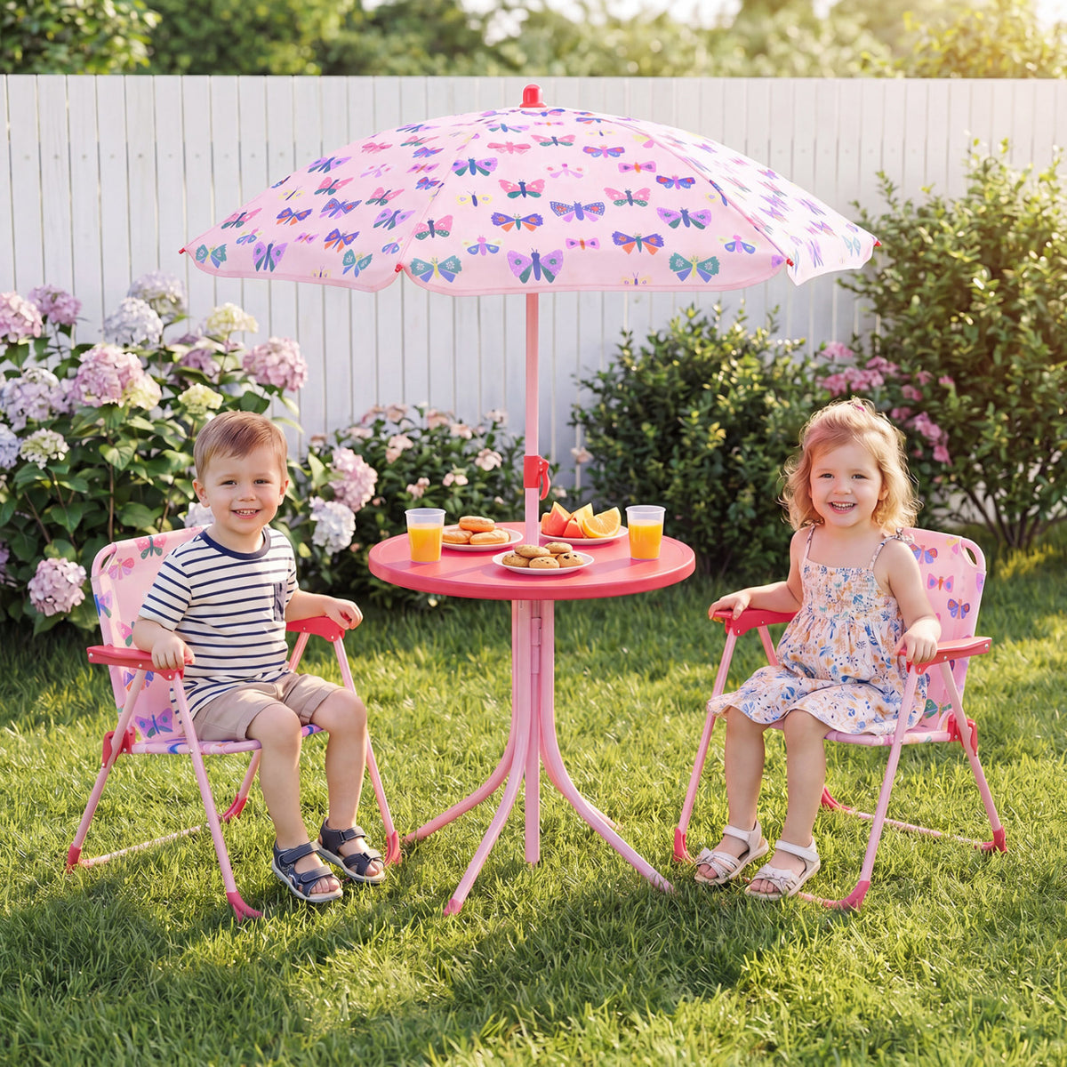 Kids Outdoor Table and Chair Set with 2 Folding Chairs and Height Adjustable Umbrella-Pink and White