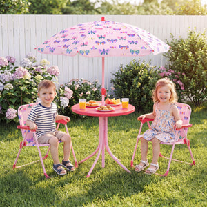 Kids Outdoor Table and Chair Set with 2 Folding Chairs and Height Adjustable Umbrella-Pink and White