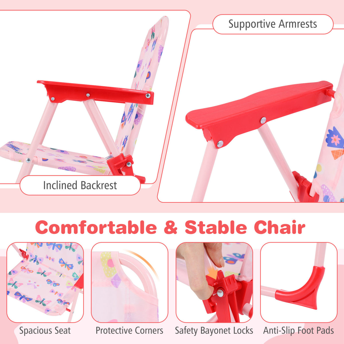 Kids Outdoor Table and Chair Set with 2 Folding Chairs and Height Adjustable Umbrella-Pink and White