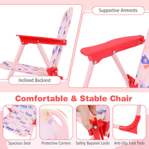 Kids Outdoor Table and Chair Set with 2 Folding Chairs and Height Adjustable Umbrella-Pink and White