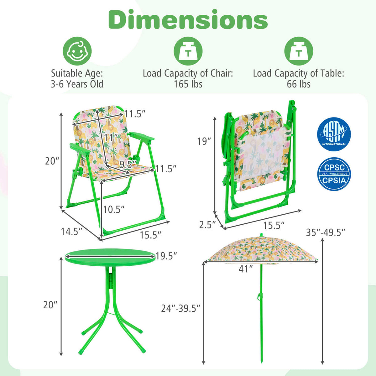 Kids Outdoor Table and Chair Set with 2 Folding Chairs and Height Adjustable Umbrella-Beige