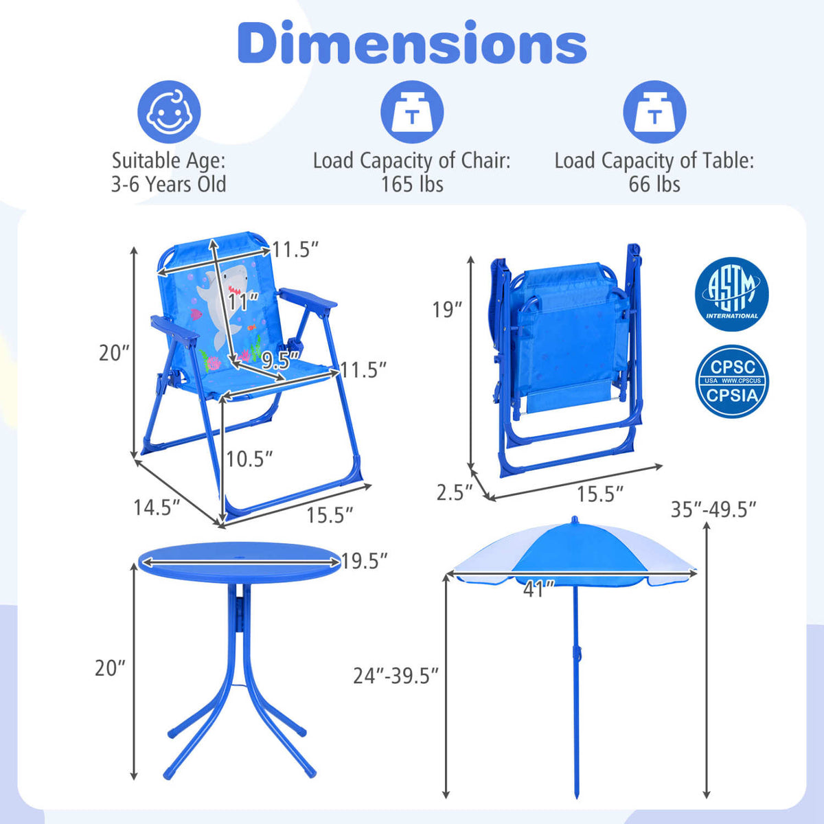 Kids Outdoor Table and Chair Set with 2 Folding Chairs and Height Adjustable Umbrella-Navy