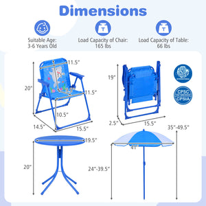 Kids Outdoor Table and Chair Set with 2 Folding Chairs and Height Adjustable Umbrella-Navy