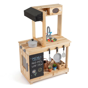 Kids Outdoor Wooden Mud Kitchen with Stoves and Chalkboard-Natural