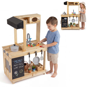 Kids Outdoor Wooden Mud Kitchen with Stoves and Chalkboard-Natural