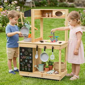 Kids Outdoor Wooden Mud Kitchen with Stoves and Chalkboard-Natural