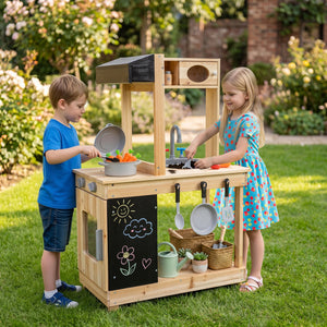 Kids Outdoor Wooden Mud Kitchen with Stoves and Chalkboard-Natural
