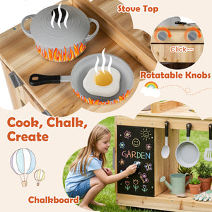 Kids Outdoor Wooden Mud Kitchen with Stoves and Chalkboard-Natural