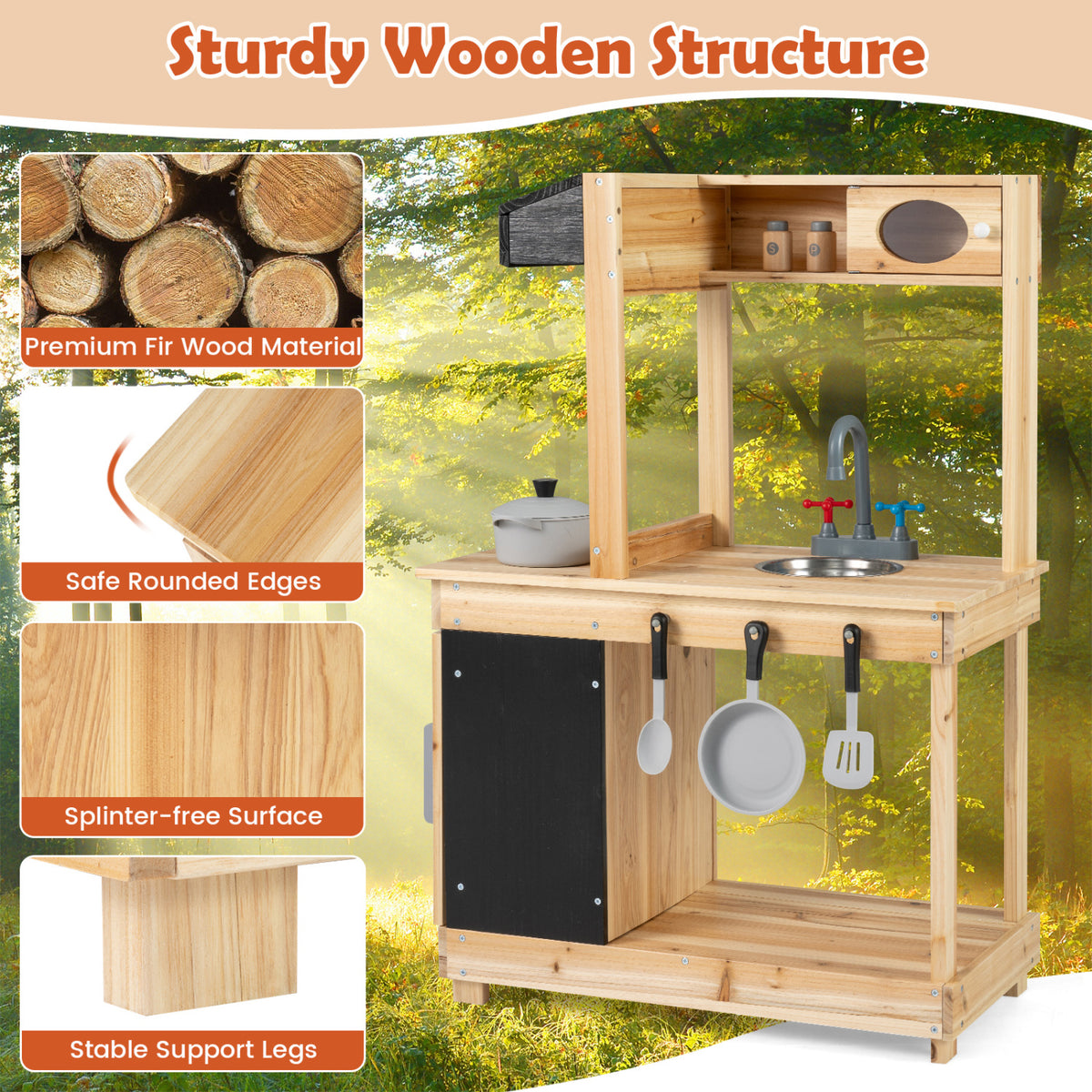 Kids Outdoor Wooden Mud Kitchen with Stoves and Chalkboard-Natural