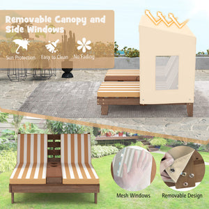 Kids Patio Lounge Chair with Cup Holders and Awning-Brown