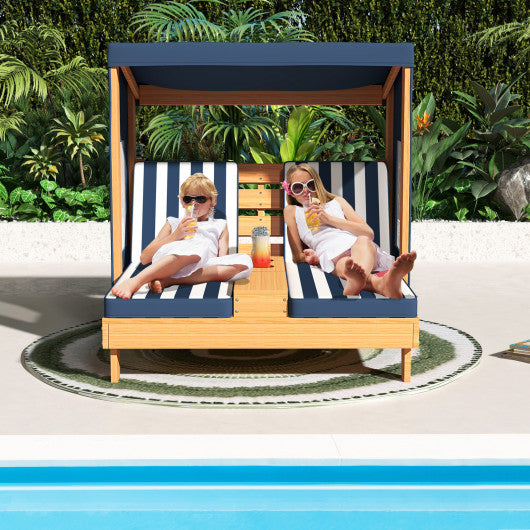 Kids Patio Lounge Chair with Cup Holders and Awning-Navy