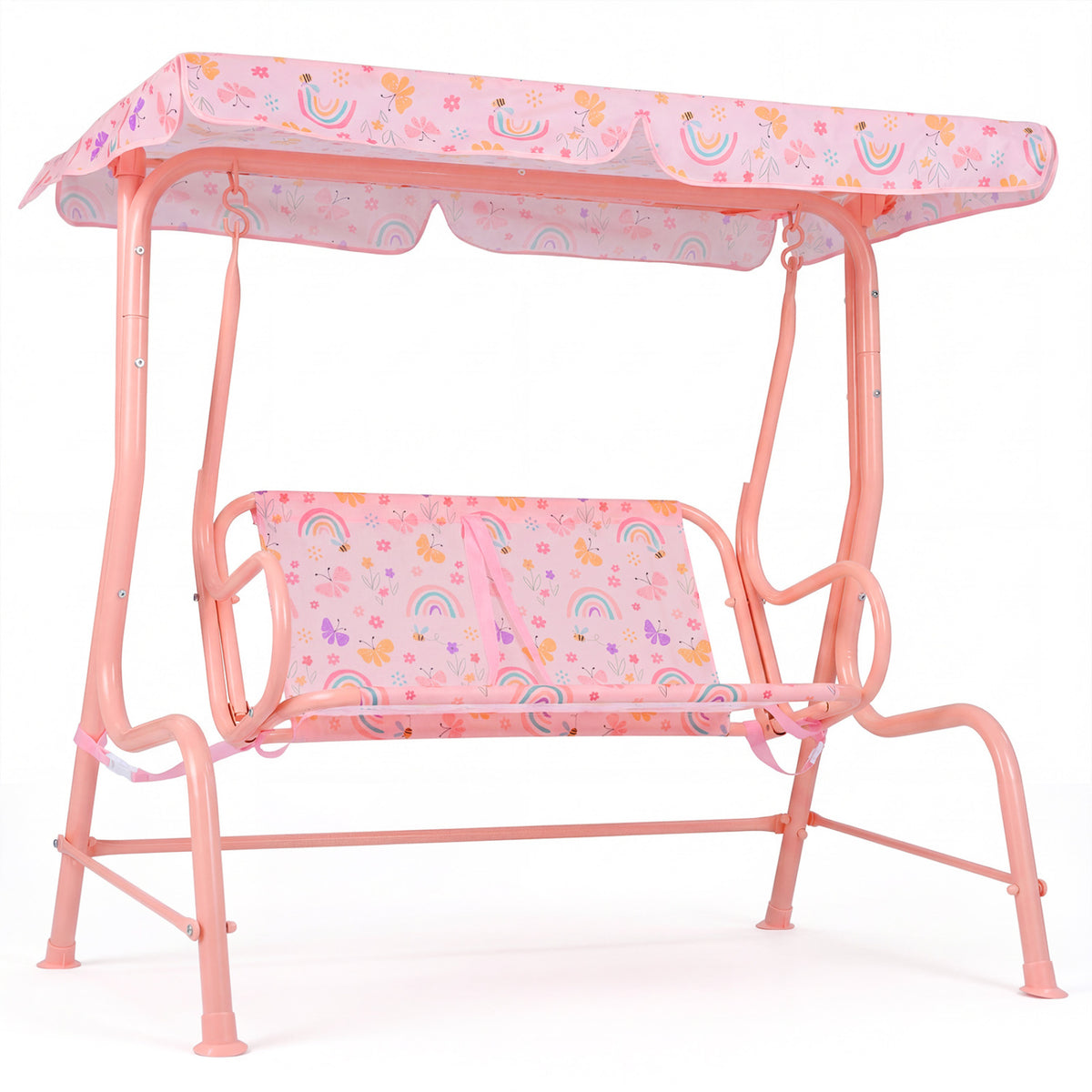 Kids Patio Swing 2-Seater Outdoor Porch Swing Lounge Chair with Adjustable Canopy-Pink