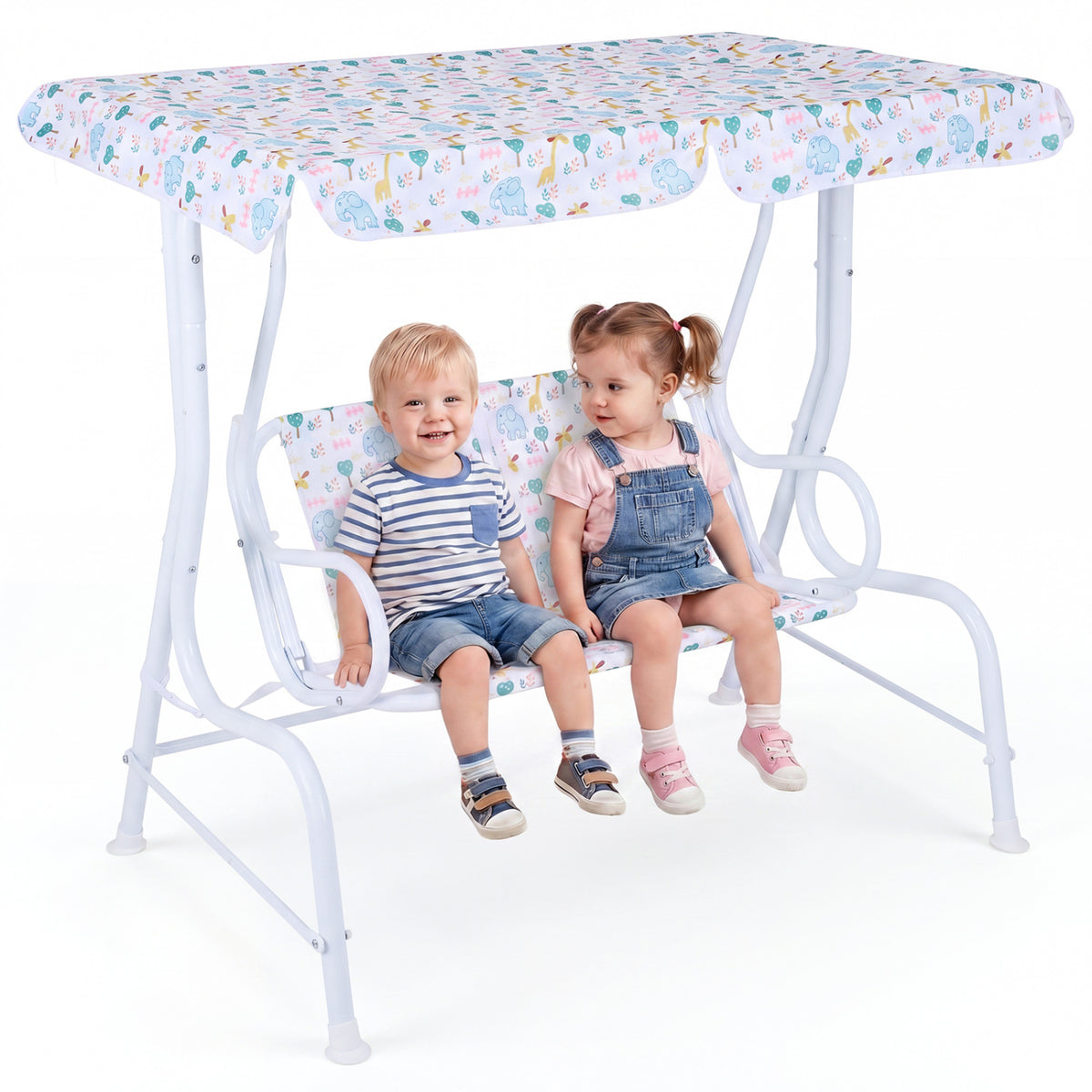 Kids Patio Swing 2-Seater Outdoor Porch Swing Lounge Chair with Adjustable Canopy-White