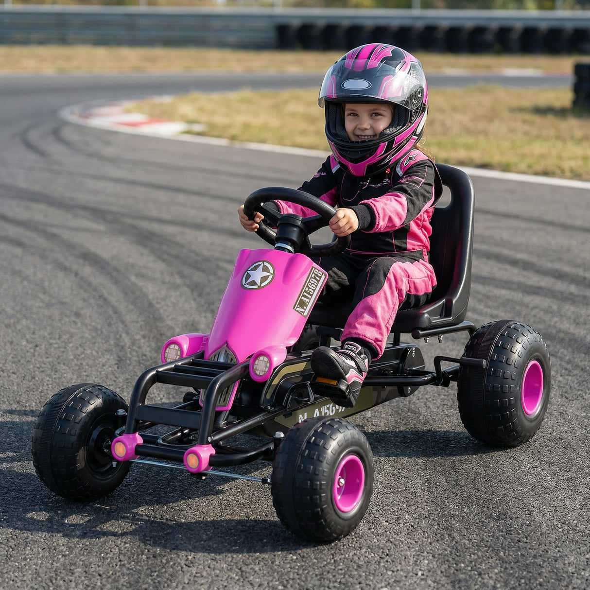 Kids Pedal Go Kart with Steering Wheel and Gear Shifter and Handbrake-Pink