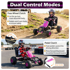 Kids Pedal Go Kart with Steering Wheel and Gear Shifter and Handbrake-Pink