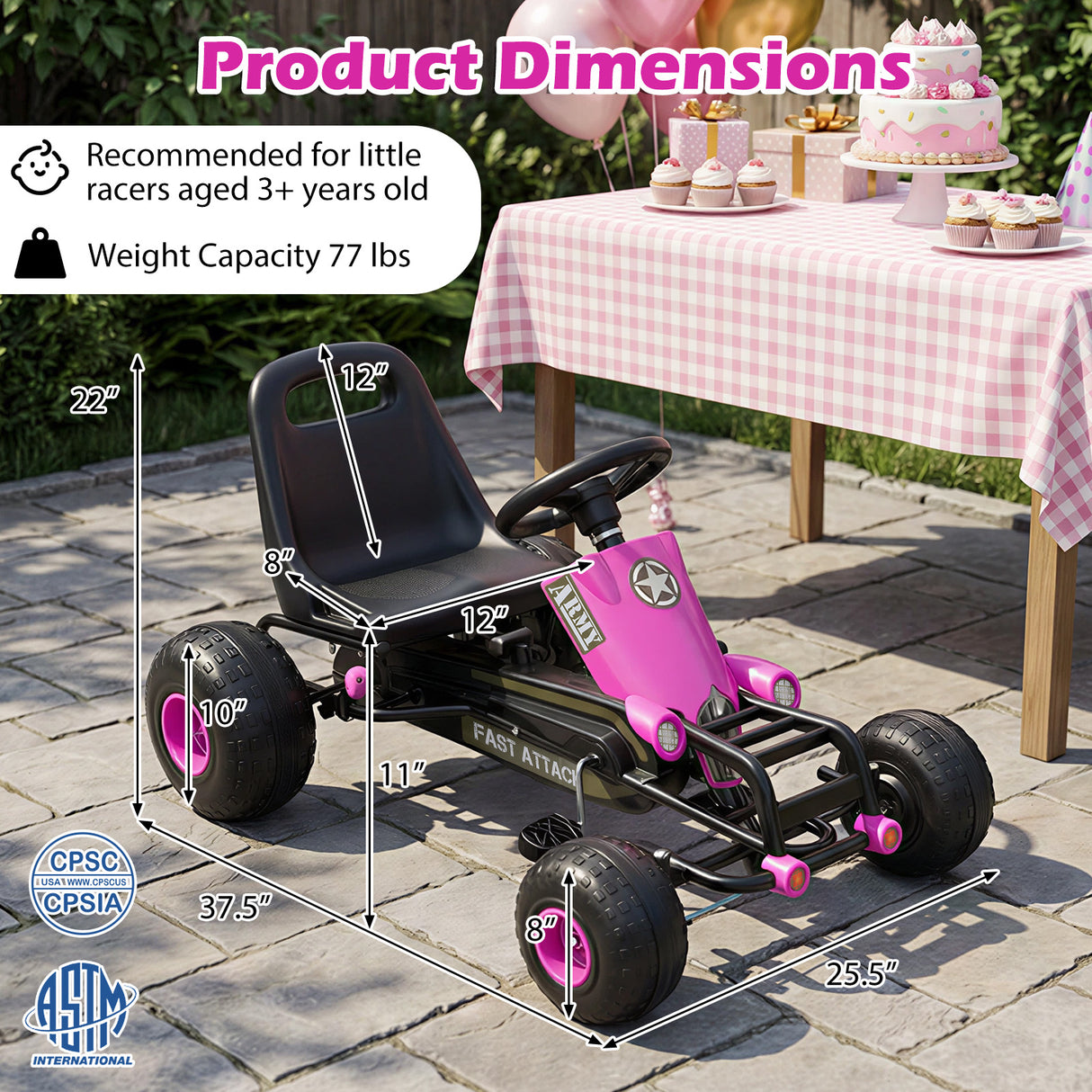 Kids Pedal Go Kart with Steering Wheel and Gear Shifter and Handbrake-Pink