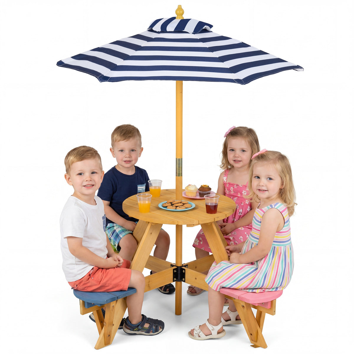 Kids Picnic Table with Stools and Foldable Adjustable Umbrella for Backyard and Patio-Blue
