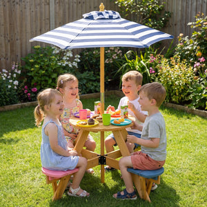 Kids Picnic Table with Stools and Foldable Adjustable Umbrella for Backyard and Patio-Blue