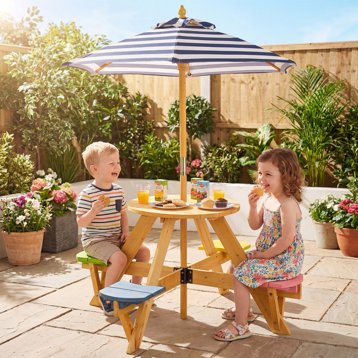 Kids Picnic Table with Stools and Foldable Adjustable Umbrella for Backyard and Patio-Blue