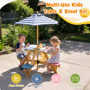 Kids Picnic Table with Stools and Foldable Adjustable Umbrella for Backyard and Patio-Blue