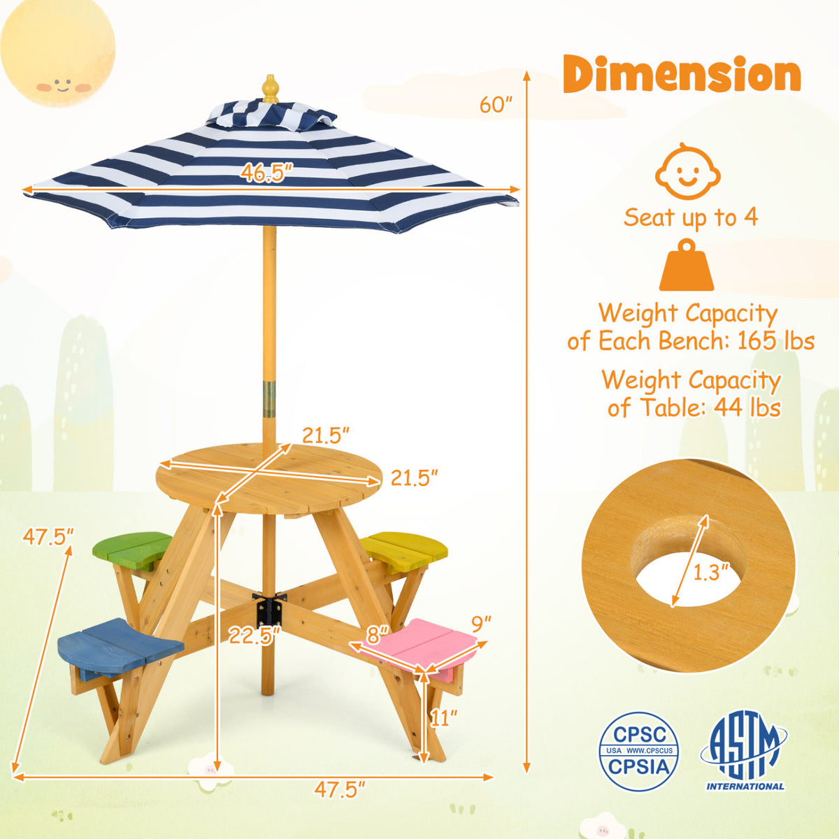 Kids Picnic Table with Stools and Foldable Adjustable Umbrella for Backyard and Patio-Blue