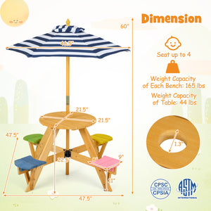 Kids Picnic Table with Stools and Foldable Adjustable Umbrella for Backyard and Patio-Blue