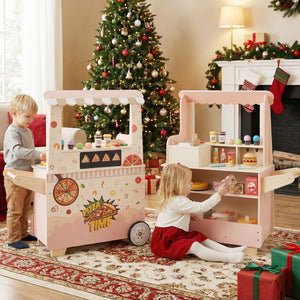 Kids Pizza Food Truck Wooden Pretend Play Snack Cart with Oven-Pink