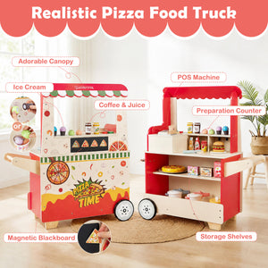 Kids Pizza Food Truck Wooden Pretend Play Snack Cart with Oven-Red