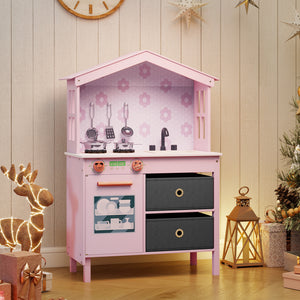 Kids Play Kitchen Children Toy Kitchen Playset with 2 Stoves and Rotation Knobs-Pink