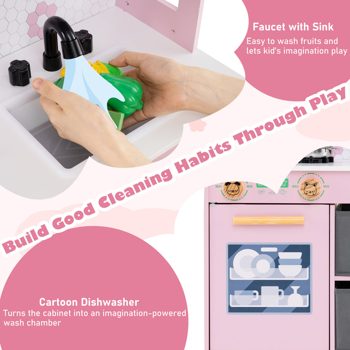 Kids Play Kitchen Children Toy Kitchen Playset with 2 Stoves and Rotation Knobs-Pink