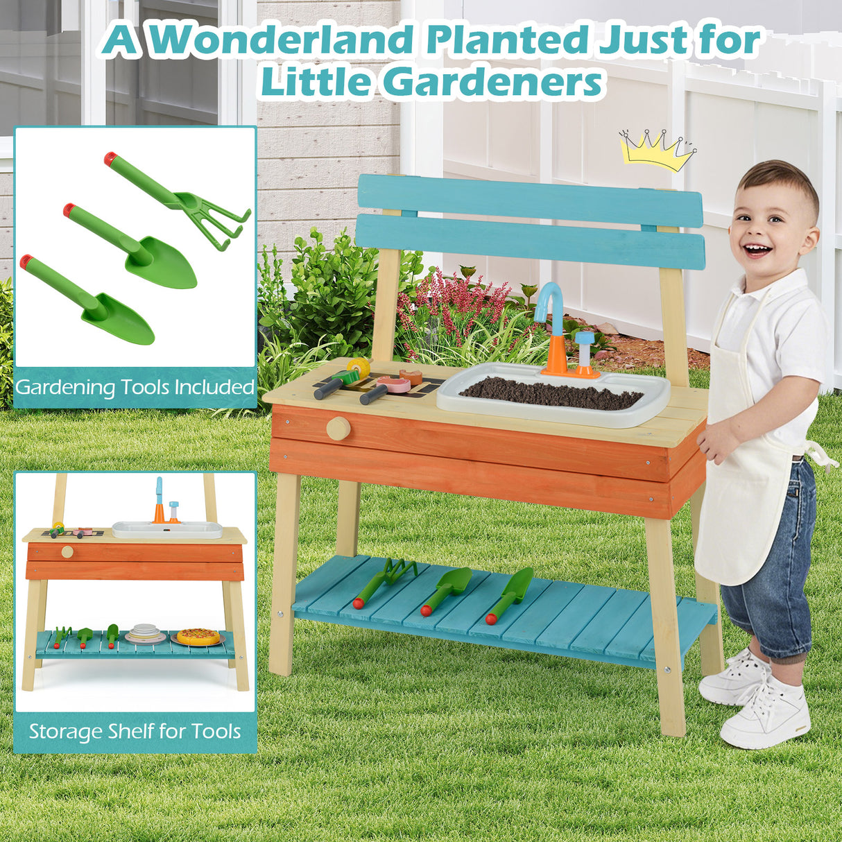 Kids Play Kitchen Set  Wooden Kitchen Playset Chef Pretend Mud Kitchen-Blue