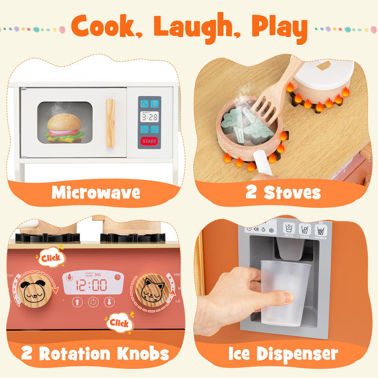 Kids Play Kitchen with Microwave and Rotation Knobs for Girls Boys Aged 3-6-Orange