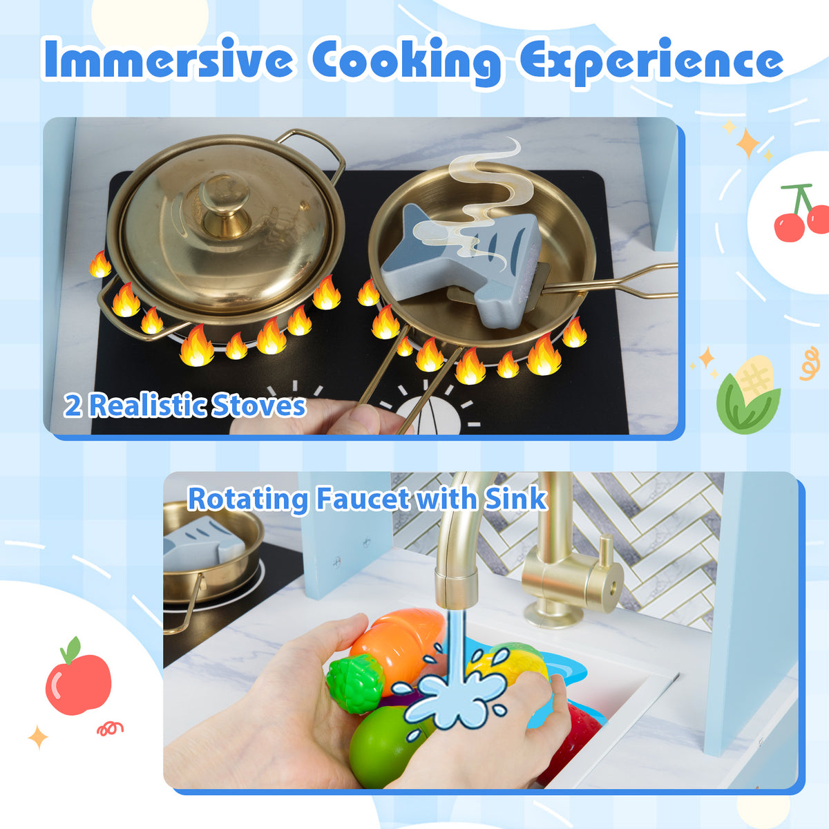Kids Play Kitchen with Stoves and Faucet for Girls Boys Aged 3-6-Blue