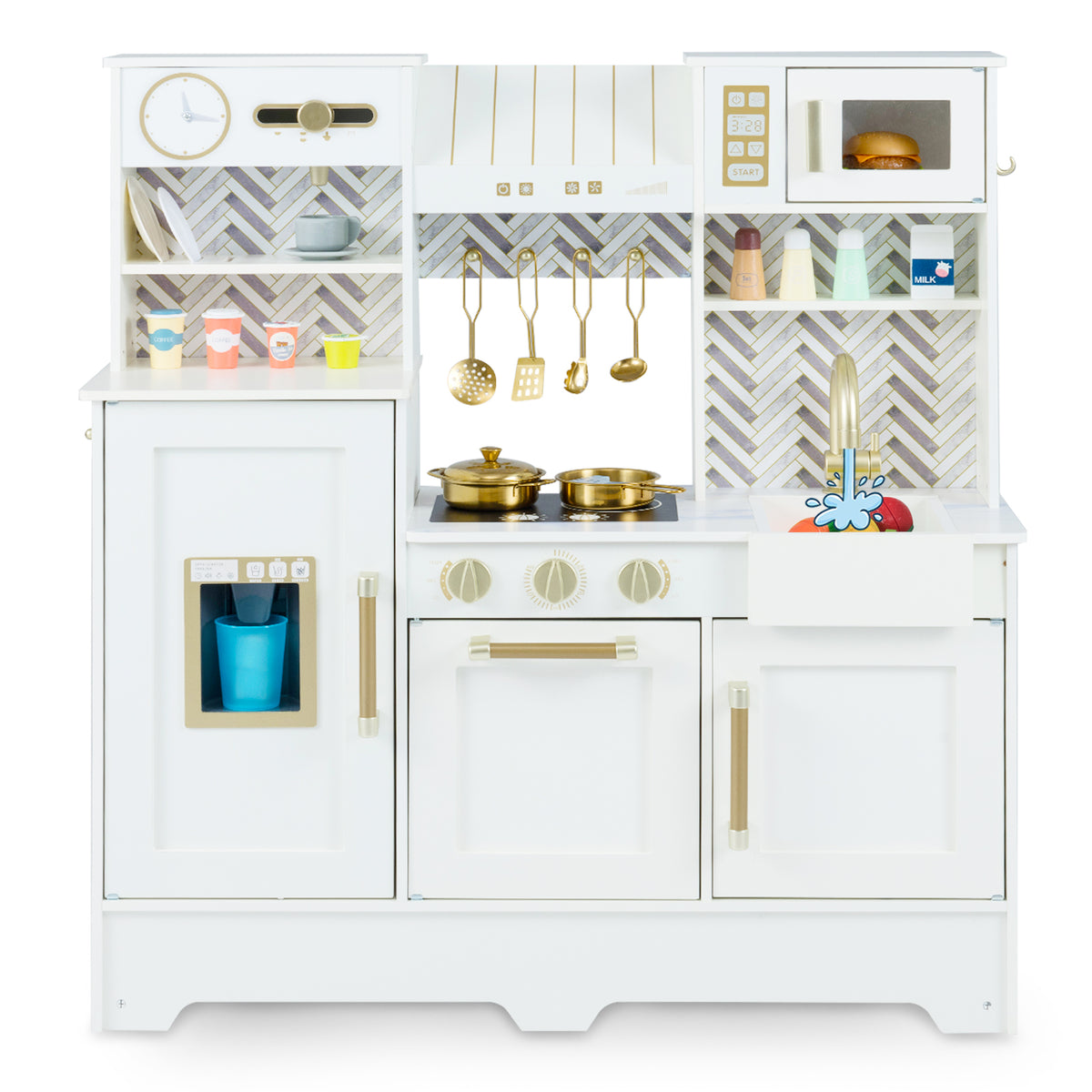 Kids Play Kitchen with Stoves and Faucet for Girls Boys Aged 3-6-White