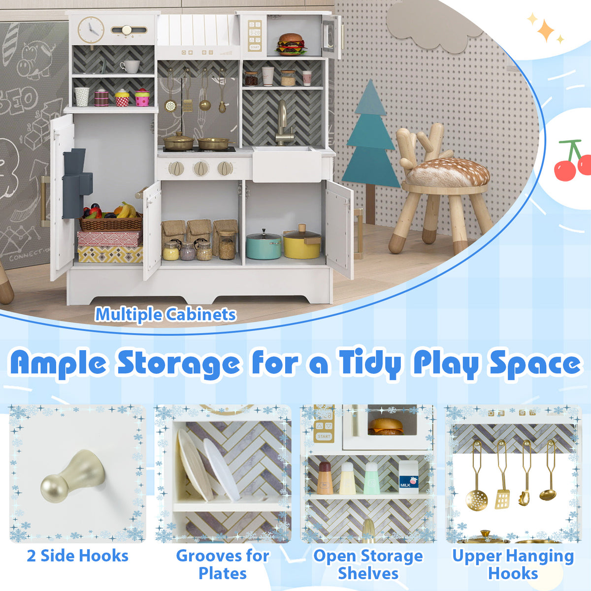Kids Play Kitchen with Stoves and Faucet for Girls Boys Aged 3-6-White