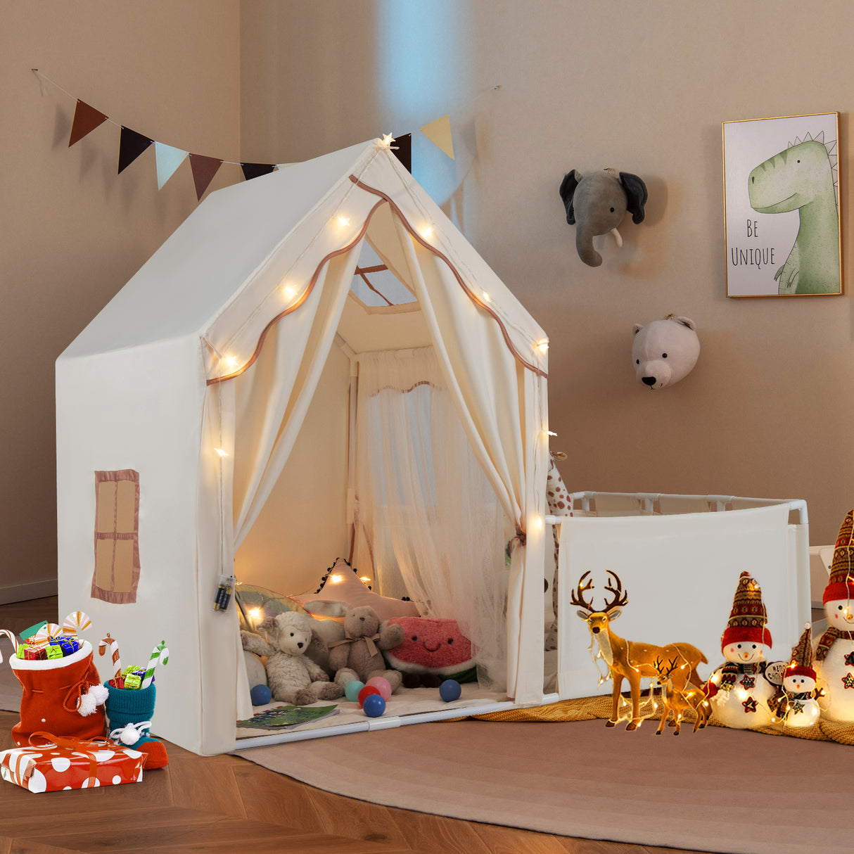 Kids Play Tent with Playpen 2-in-1 Toddler Playhouse with Yard-Beige