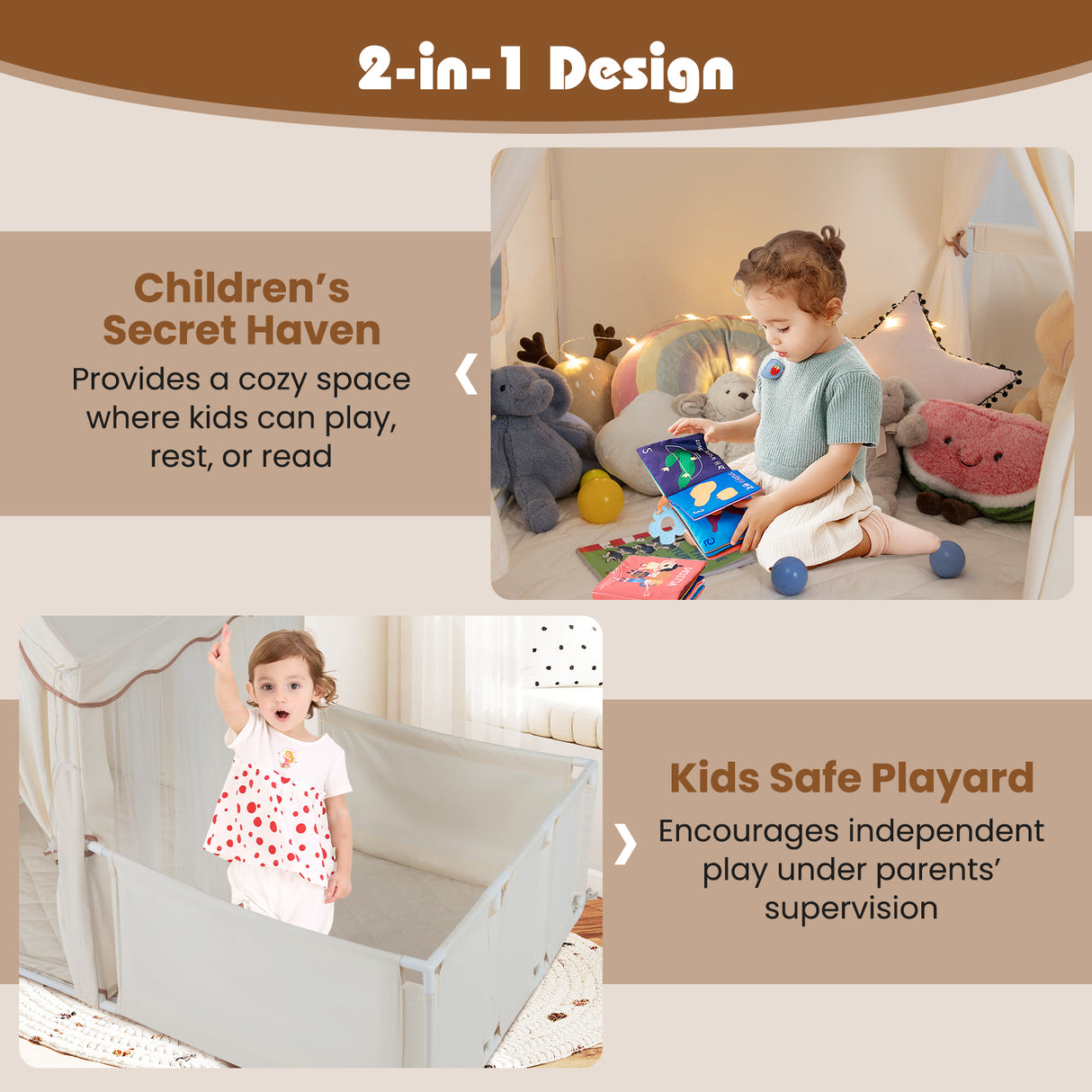 Kids Play Tent with Playpen 2-in-1 Toddler Playhouse with Yard-Beige
